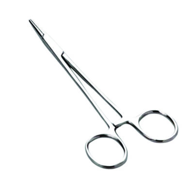 A stainless steel surgical needle holder with serrated jaws used for holding suturing needles during surgical procedures.