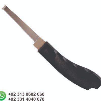 Ergonomic handle hoof knife used for trimming and cleaning animal hooves in veterinary and farrier hoof care procedures.